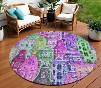 8' Purple Lilac And Green Round Village Houses Washable Indoor Outdoor Area Rug