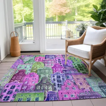 9' X 12' Purple Lilac And Green Village Houses Washable Indoor Outdoor Area Rug