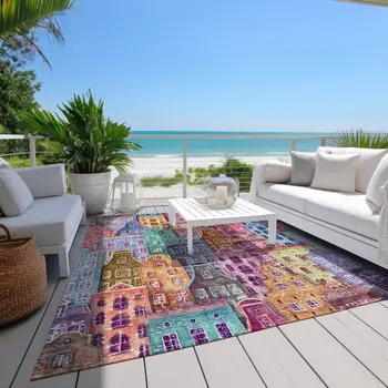 3' X 5' Red Gold And Teal Blue Village Houses Washable Indoor Outdoor Area Rug
