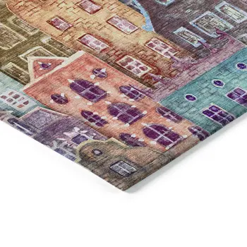 3' X 5' Red Gold And Teal Blue Village Houses Washable Indoor Outdoor Area Rug