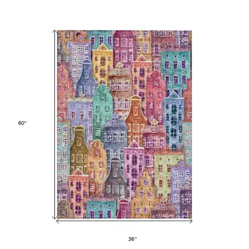 3' X 5' Red Gold And Teal Blue Village Houses Washable Indoor Outdoor Area Rug
