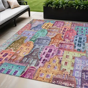 5' X 8' Red Gold And Teal Blue Village Houses Washable Indoor Outdoor Area Rug