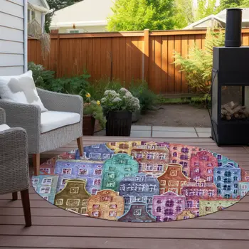 8' Red Gold And Teal Blue Round Village Houses Washable Indoor Outdoor Area Rug