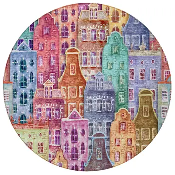8' Red Gold And Teal Blue Round Village Houses Washable Indoor Outdoor Area Rug