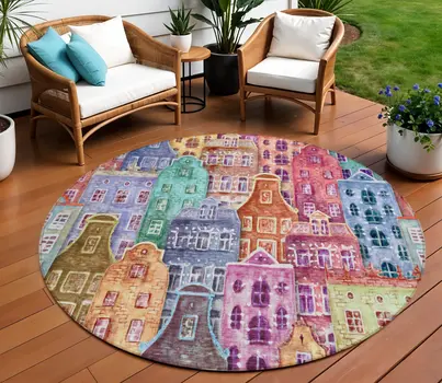 8' Red Gold And Teal Blue Round Village Houses Washable Indoor Outdoor Area Rug