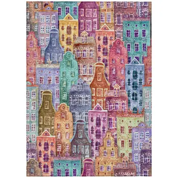 9' X 12' Red Gold And Teal Blue Village Houses Washable Indoor Outdoor Area Rug