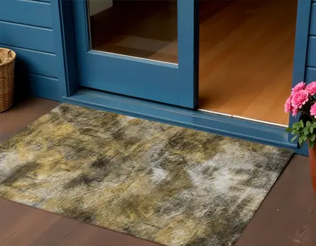 3' X 5' Brown Beige And Gold Abstract Washable Indoor Outdoor Area Rug