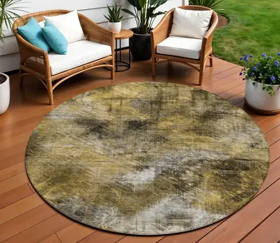 8' Brown Beige And Gold Round Abstract Washable Indoor Outdoor Area Rug