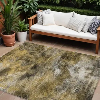 8' X 10' Brown Beige And Gold Abstract Washable Indoor Outdoor Area Rug