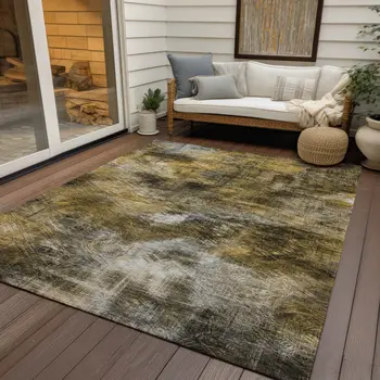 9' X 12' Brown Beige And Gold Abstract Washable Indoor Outdoor Area Rug