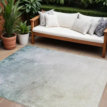 8' X 10' Beige Sky Blue And Teal Blue Ombre Washable Indoor Outdoor Area Rug