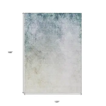 10' X 14' Beige Sky Blue And Teal Blue Ombre Washable Indoor Outdoor Area Rug