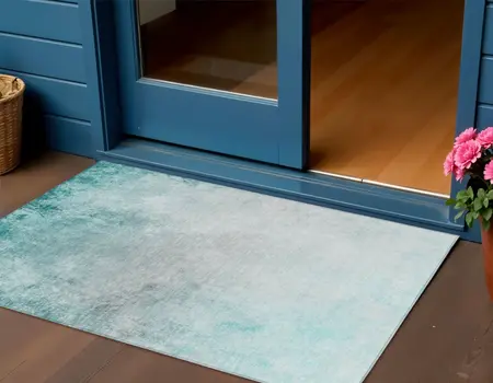 3' X 5' Teal Blue Aqua And Gray Ombre Washable Indoor Outdoor Area Rug
