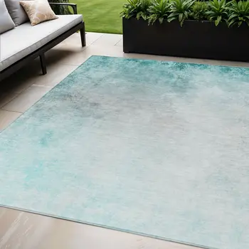 5' X 8' Teal Blue Aqua And Gray Ombre Washable Indoor Outdoor Area Rug