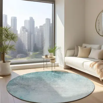 8' Teal Blue Aqua And Gray Round Ombre Washable Indoor Outdoor Area Rug