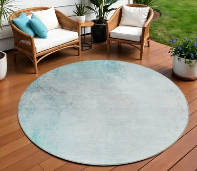 8' Teal Blue Aqua And Gray Round Ombre Washable Indoor Outdoor Area Rug