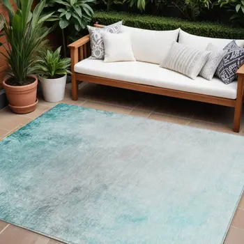 10' X 14' Teal Blue Aqua And Gray Ombre Washable Indoor Outdoor Area Rug
