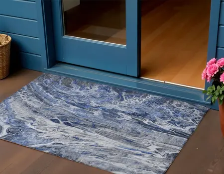 3' X 5' Denim Blue And Navy Blue Abstract Washable Indoor Outdoor Area Rug