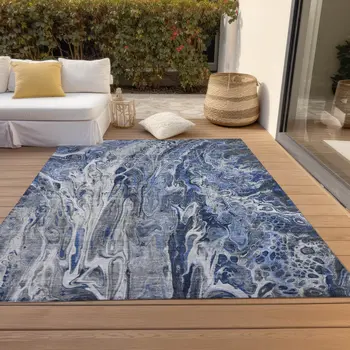 3' X 5' Denim Blue And Navy Blue Abstract Washable Indoor Outdoor Area Rug