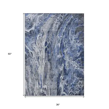 3' X 5' Denim Blue And Navy Blue Abstract Washable Indoor Outdoor Area Rug