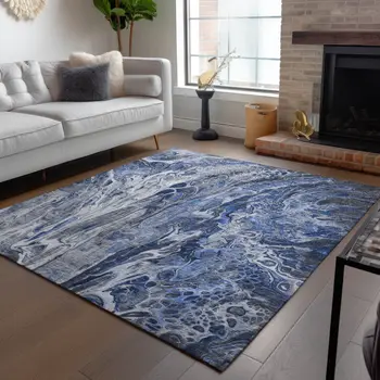 3' X 5' Denim Blue And Navy Blue Abstract Washable Indoor Outdoor Area Rug