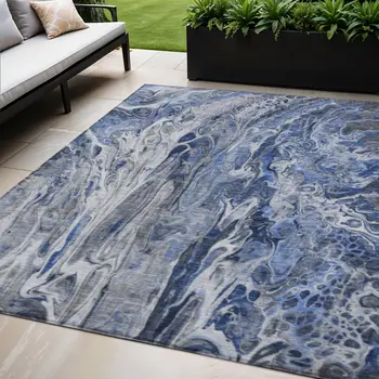 5' X 8' Denim Blue And Navy Blue Abstract Washable Indoor Outdoor Area Rug