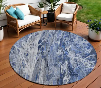 8' Denim Blue And Navy Blue Round Abstract Washable Indoor Outdoor Area Rug