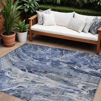 10' X 14' Denim Blue And Navy Blue Abstract Washable Indoor Outdoor Area Rug
