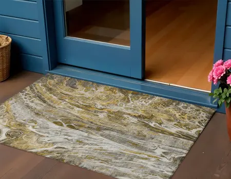 3' X 5' Brown Taupe And Gold Abstract Washable Indoor Outdoor Area Rug