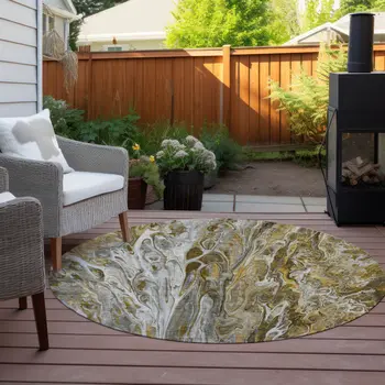 8' Brown Taupe And Gold Round Abstract Washable Indoor Outdoor Area Rug
