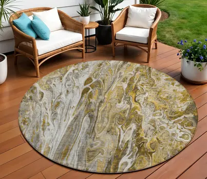 8' Brown Taupe And Gold Round Abstract Washable Indoor Outdoor Area Rug