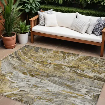 9' X 12' Brown Taupe And Gold Abstract Washable Indoor Outdoor Area Rug