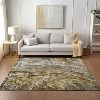 10' X 14' Brown Taupe And Gold Abstract Washable Indoor Outdoor Area Rug