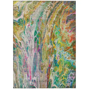 5' X 8' Green Gold And White Abstract Washable Indoor Outdoor Area Rug