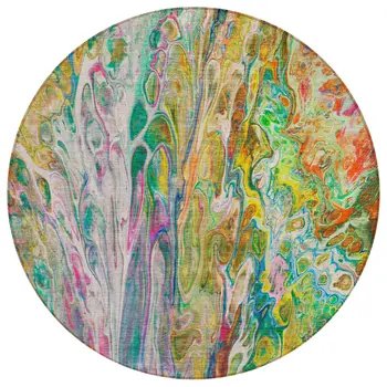 8' Green Gold And White Round Abstract Washable Indoor Outdoor Area Rug