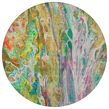 8' Green Gold And White Round Abstract Washable Indoor Outdoor Area Rug