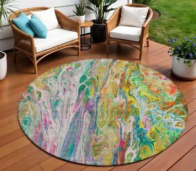 8' Green Gold And White Round Abstract Washable Indoor Outdoor Area Rug