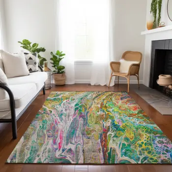 8' X 10' Green Gold And White Abstract Washable Indoor Outdoor Area Rug