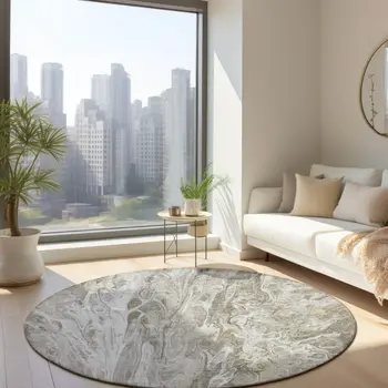 8' Taupe Beige And Ivory Round Abstract Washable Indoor Outdoor Area Rug