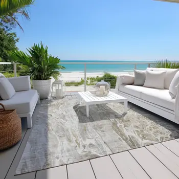 9' X 12' Taupe Beige And Ivory Abstract Washable Indoor Outdoor Area Rug