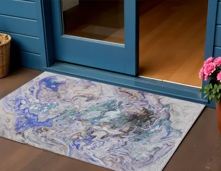 3' X 5' Beige Blue And Taupe Abstract Washable Indoor Outdoor Area Rug