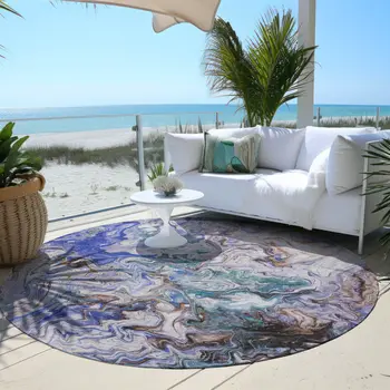 8' Beige Blue And Taupe Round Abstract Washable Indoor Outdoor Area Rug