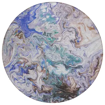 8' Beige Blue And Taupe Round Abstract Washable Indoor Outdoor Area Rug