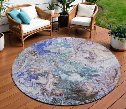8' Beige Blue And Taupe Round Abstract Washable Indoor Outdoor Area Rug