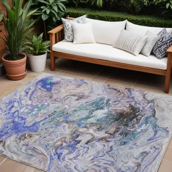 9' X 12' Beige Blue And Taupe Abstract Washable Indoor Outdoor Area Rug