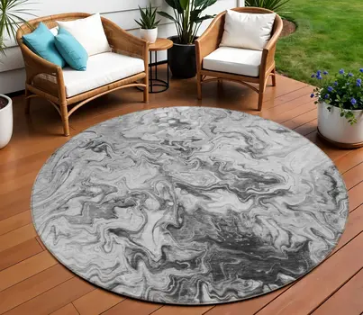8' Gray Charcoal And Silver Round Abstract Washable Indoor Outdoor Area Rug