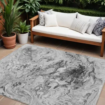 9' X 12' Gray Charcoal And Silver Abstract Washable Indoor Outdoor Area Rug