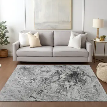 9' X 12' Gray Charcoal And Silver Abstract Washable Indoor Outdoor Area Rug