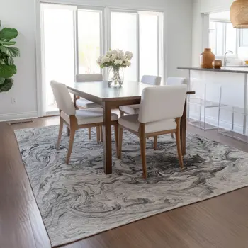 9' X 12' Gray Charcoal And Silver Abstract Washable Indoor Outdoor Area Rug