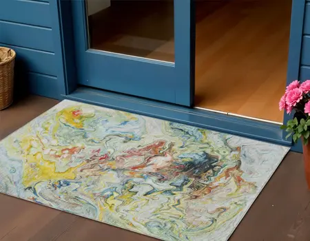 3' X 5' Ivory Blue And Yellow Abstract Washable Indoor Outdoor Area Rug